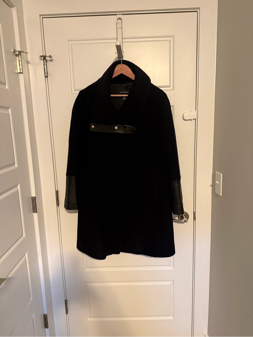 Club Monaco Black Wool-Blend Pea Coat with Leather Trim